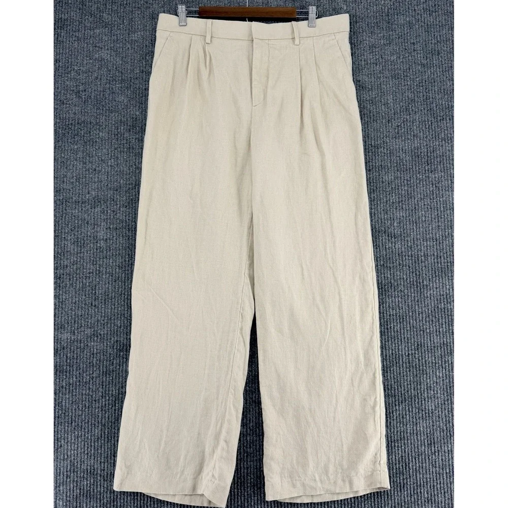 H&M women's 100%‎ linen wide leg trousers cream pleated loose fit size 34 summer